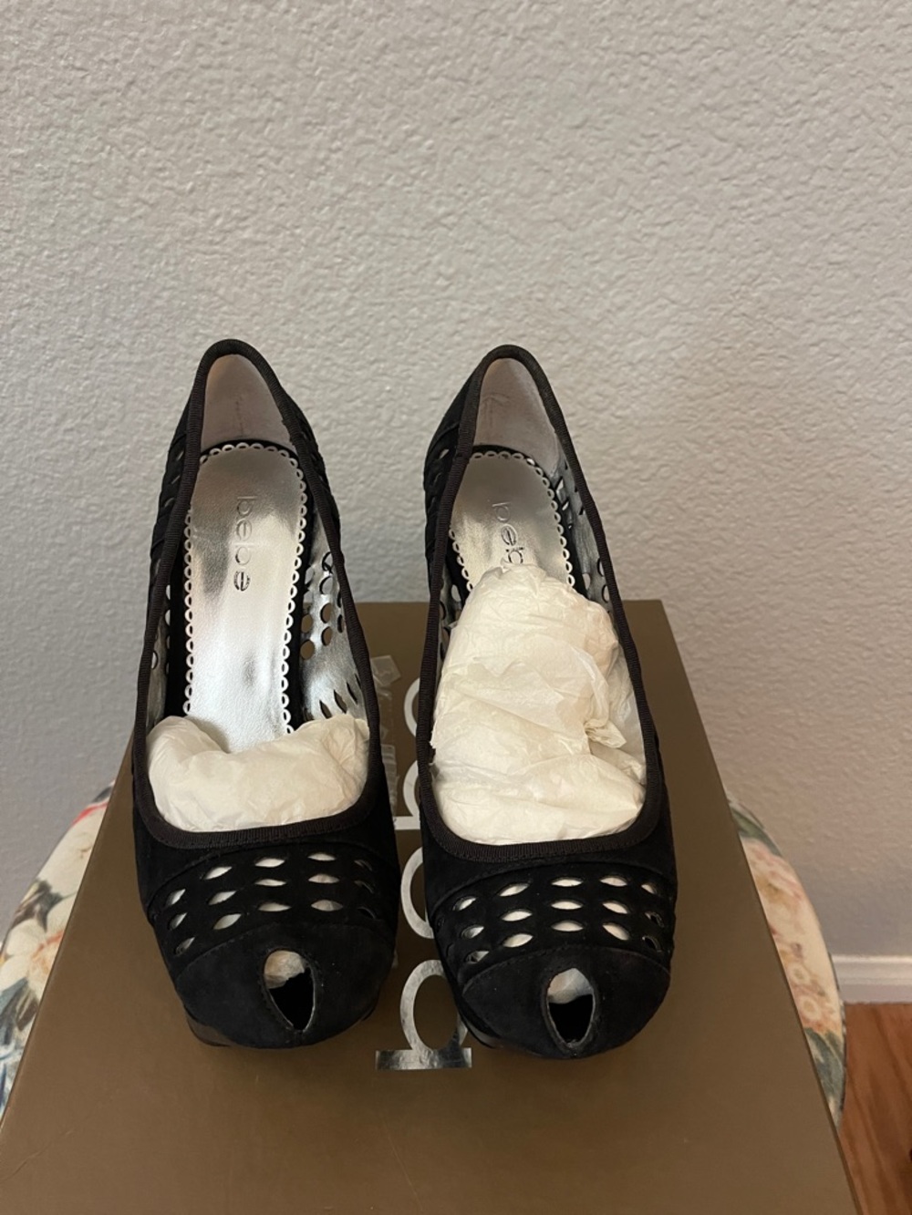 bebe Black Laser-Cut Peep-Toe Heels